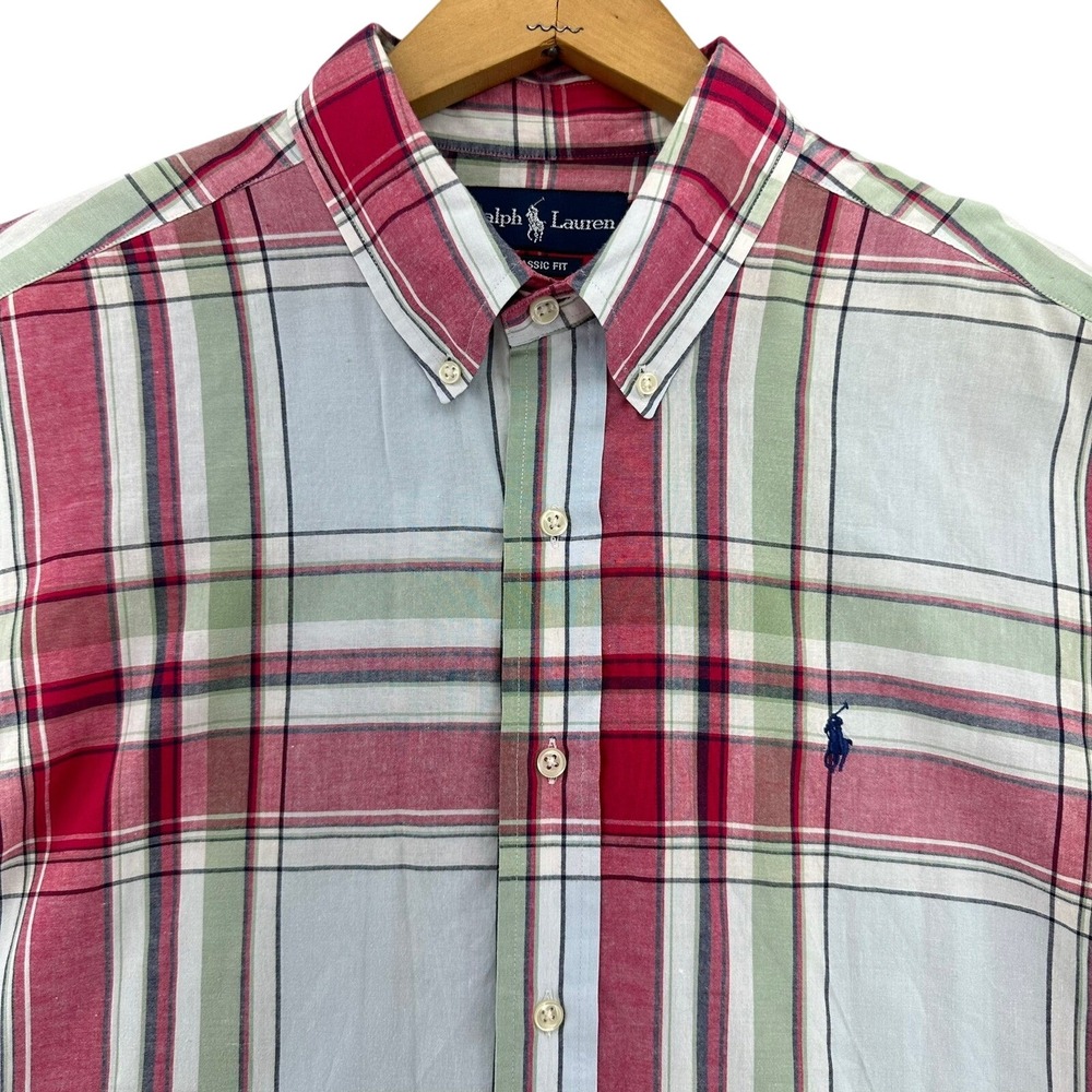 VTG 90s Ralph Lauren Classic Fit Plaid Short Sleeve Button Down Shirt‎ XL Preppy